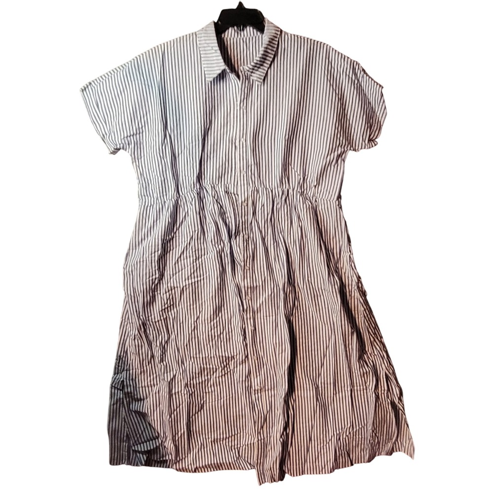 Blue White Striped Cotton Button Down Short Sleeve Shirt Dress XXL